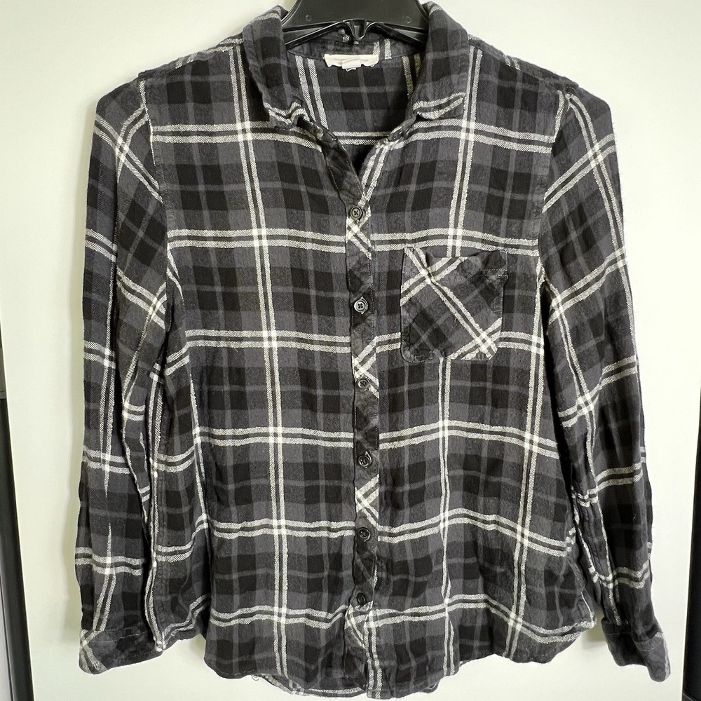 Beach Lunch Lounge Black Gray Plaid Button Front Shirt *Junior Womens L* Soft